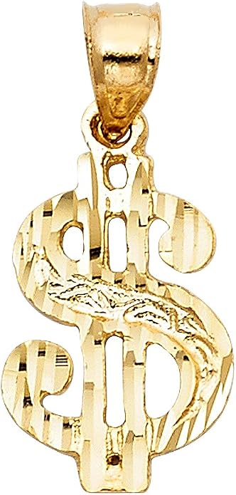 Solid 14K Yellow Gold Dollar Sign Pendant Mens Hip Hop Style Charm Diamond Cut