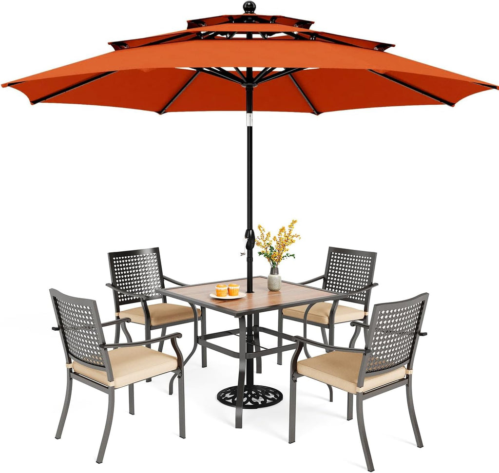 PHI VILLA Outdoor Table Chairs Set w/Umbrella 5pc Patio Set