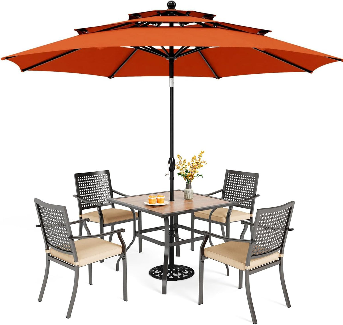 PHI VILLA Outdoor Table Chairs Set w/Umbrella 5pc Patio Set