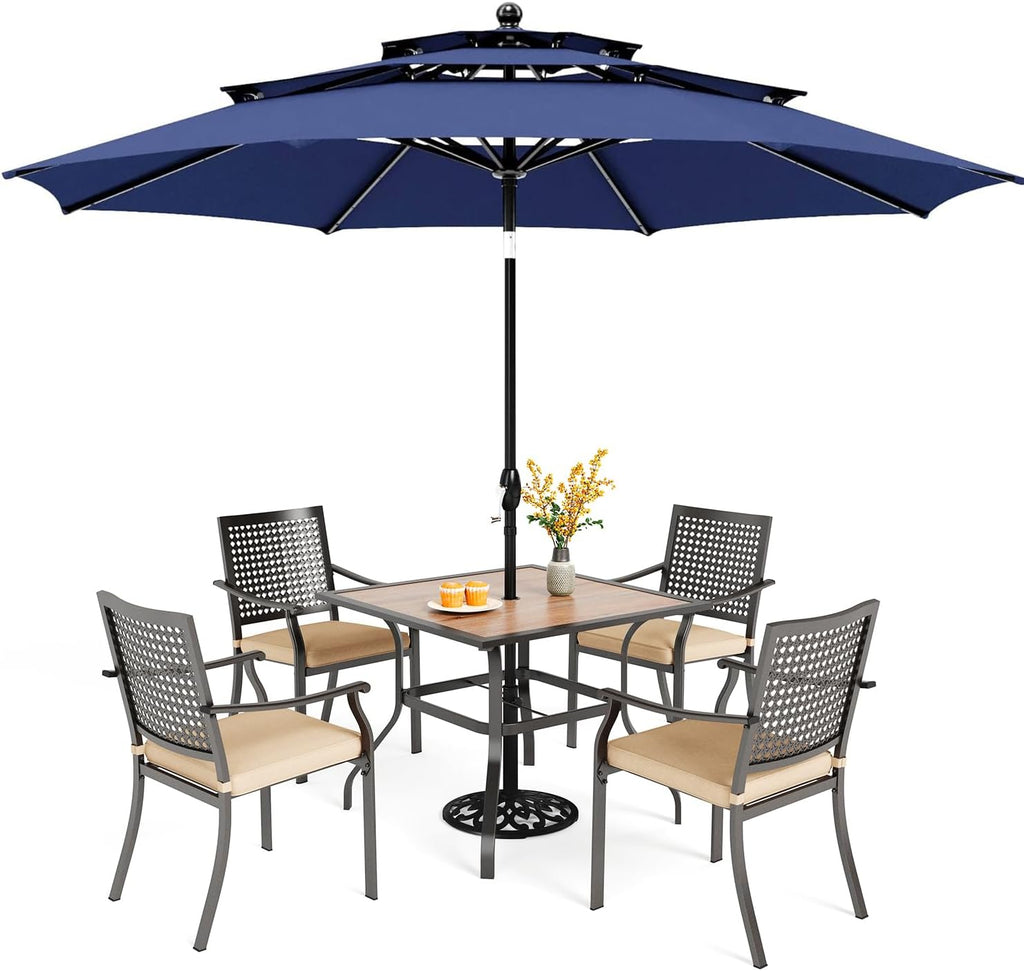 PHI VILLA Outdoor Table Chairs Set w/Umbrella 5pc Patio Set