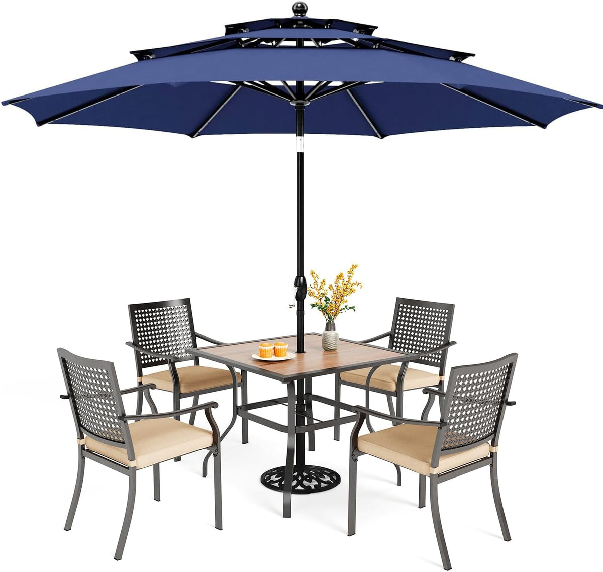 PHI VILLA Outdoor Table Chairs Set w/Umbrella 5pc Patio Set