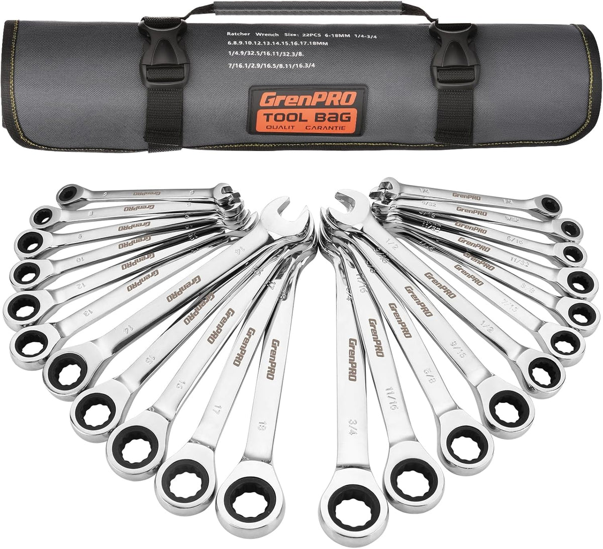 GRENPRO Ratcheting Wrench Set, Combination Wrench Set, 22-Piece
