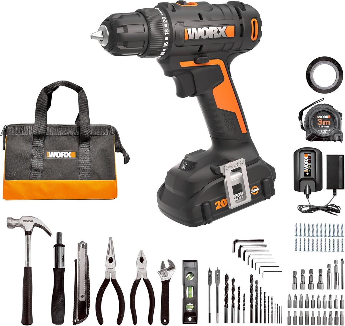 WORX Cordless Drill Driver, 20V 3/8 Inch 84-Piece Kit