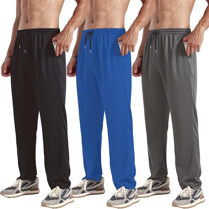 ZH 3 Pack Men's Sweatpants Open Bottom Joggers Lightweight with Pockets