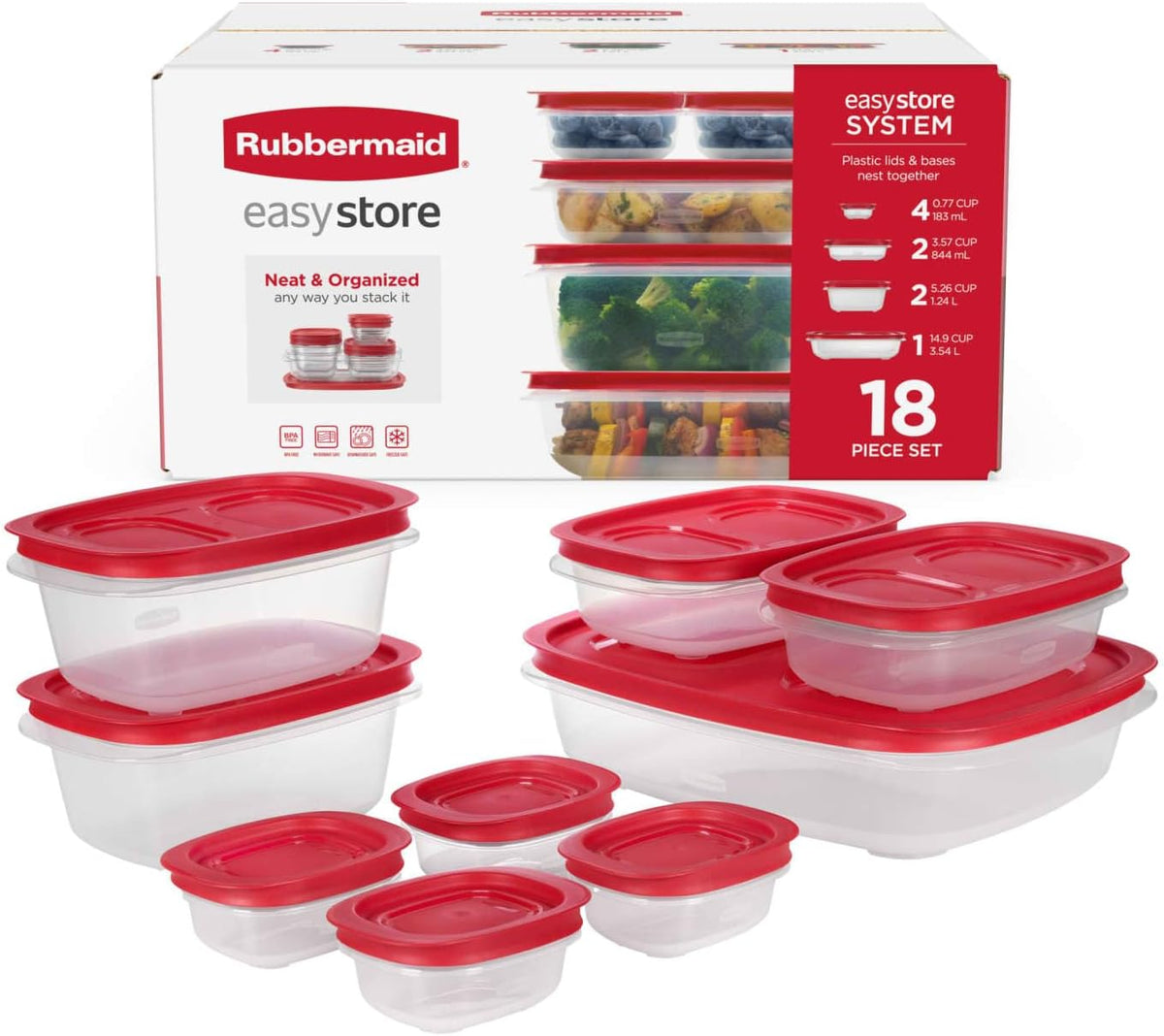 Rubbermaid Easy store Large Containers, 18-Piece Set, Food Storage Containers with Lids